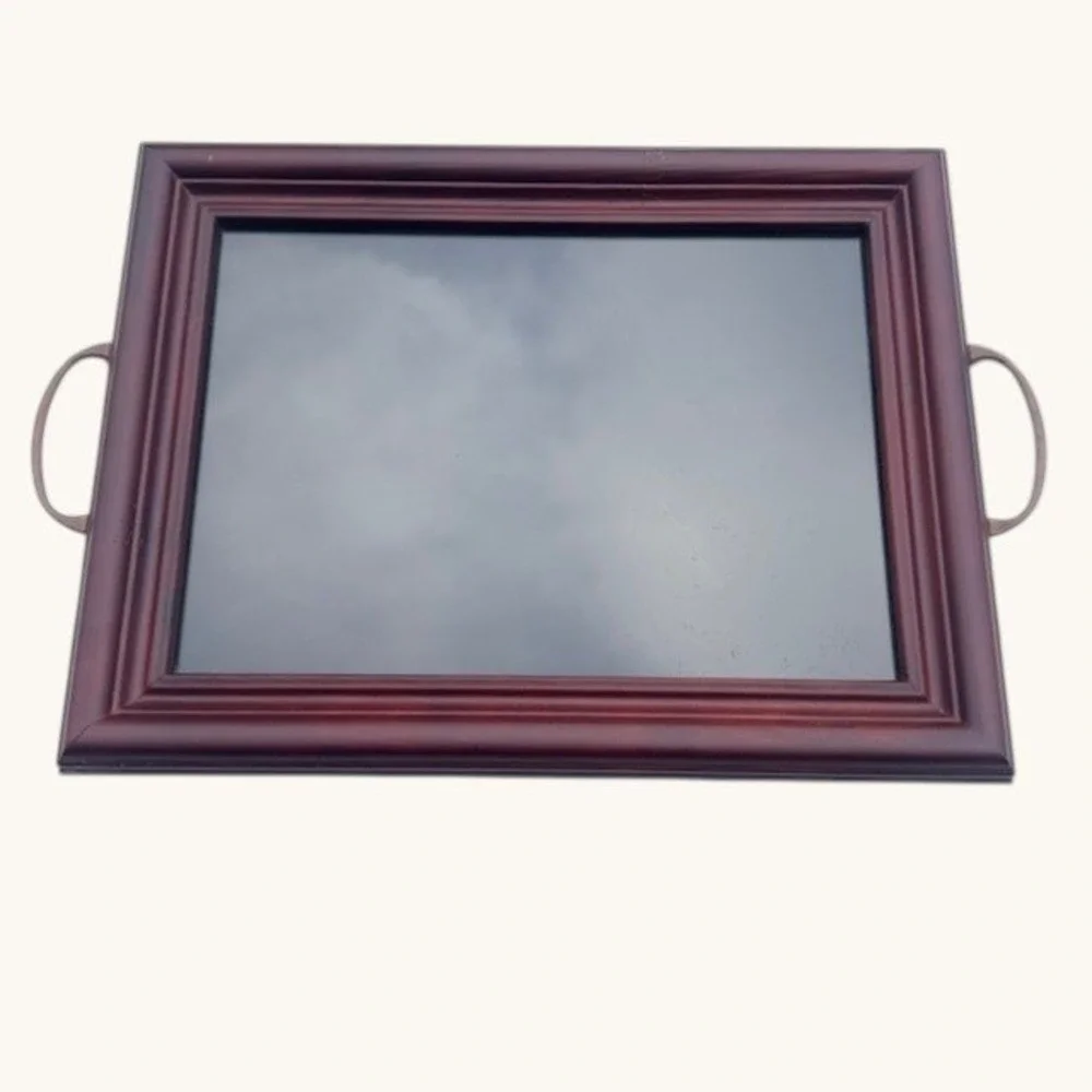 Vintage Mahogany Wood Glass Top Serving Tray with Bronze Handles 19x12.5